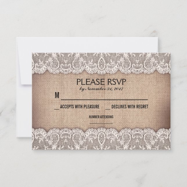 tarjetas RSVP de boda rústica y de encaje antiguos (Anverso)