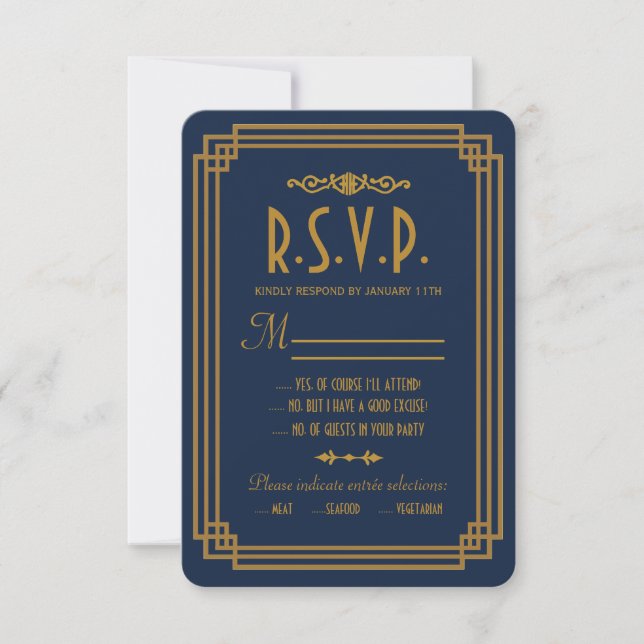 Tarjetas RSVP de boda simple en estilo Art Deco az (Anverso)
