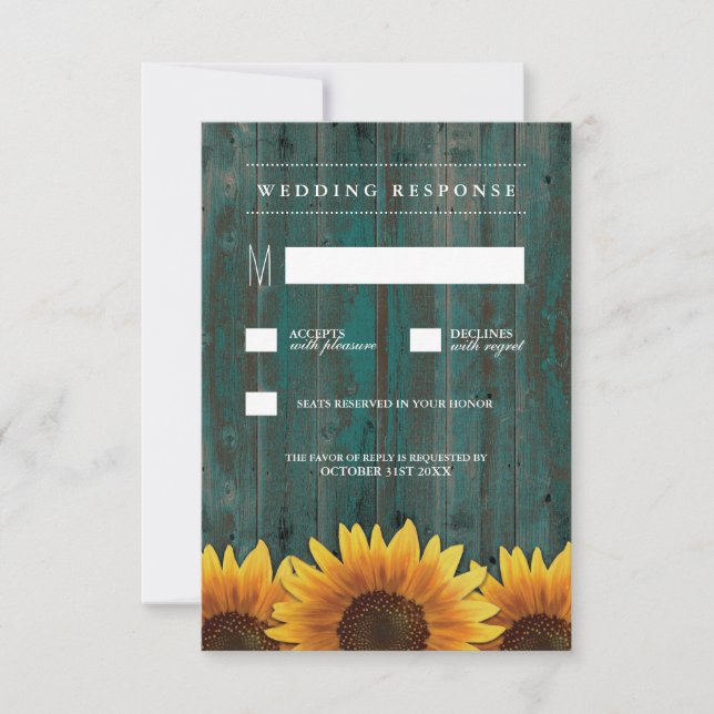 Tarjetas RSVP de boda turquesa y girasol marrón (Anverso)
