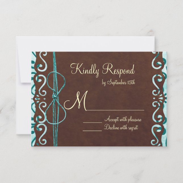 Tarjetas RSVP de boda turquesa y marrón (Anverso)