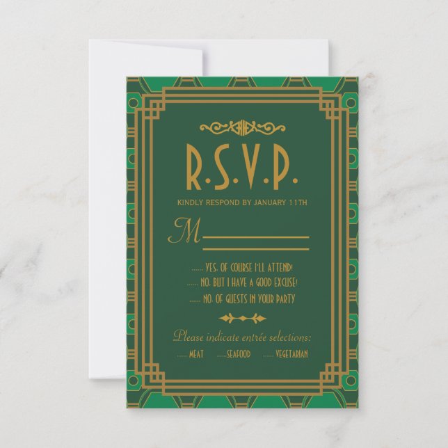 Tarjetas RSVP de Boda Verde Art Deco (Anverso)