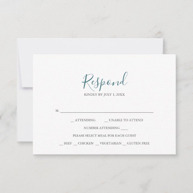 Tarjetas RSVP de boda verde azulada (Anverso)