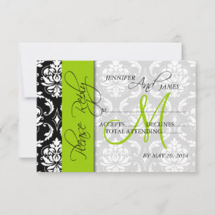 Tarjetas RSVP de boda verde monograma Damask