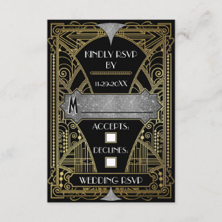 Tarjetas RSVP de Boda Vintage de Arte Deco en Negr