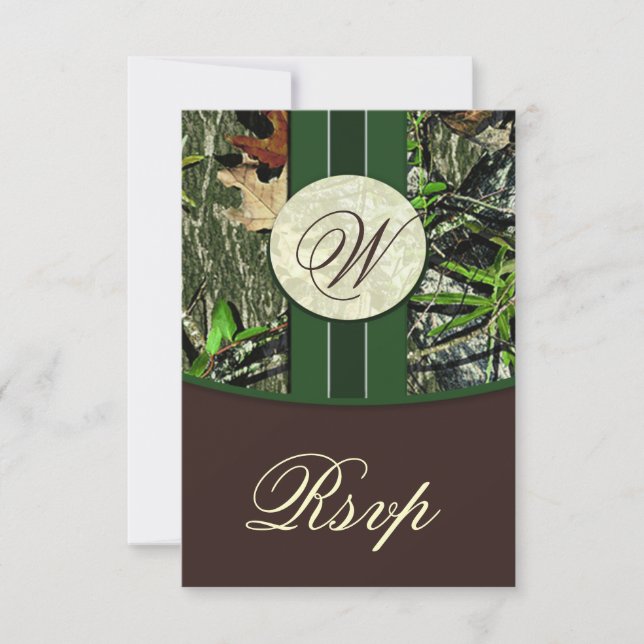 Tarjetas RSVP de Bodas de Camo de Monograma Marrón (Anverso)