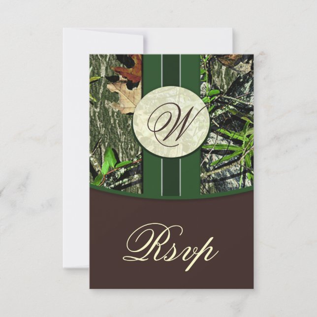 Tarjetas RSVP de Bodas de Camo de Monograma Marrón (Anverso)