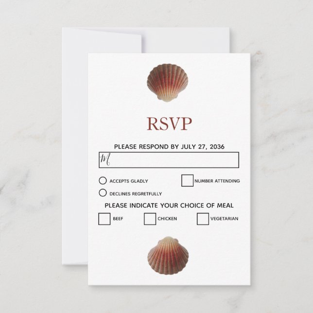 Tarjetas RSVP de bodas de conchas marinas de playa (Anverso)