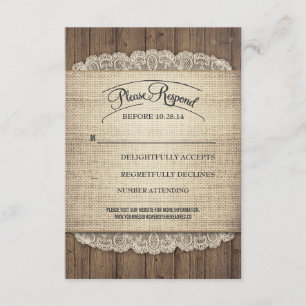 Tarjetas RSVP de bodas de encaje rústico de madera