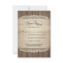 Tarjetas RSVP de bodas de encaje rústico de madera