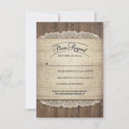 Tarjetas RSVP de bodas de encaje rústico de madera