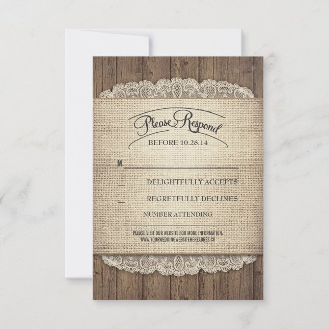 Tarjetas RSVP de bodas de encaje rústico de madera (Anverso)