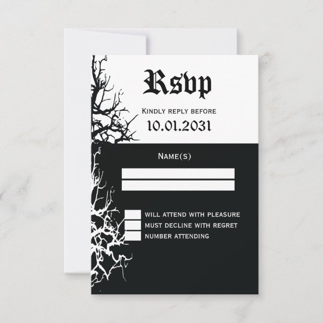 Tarjetas RSVP de bodas de Halloween en blanco y ne (Anverso)