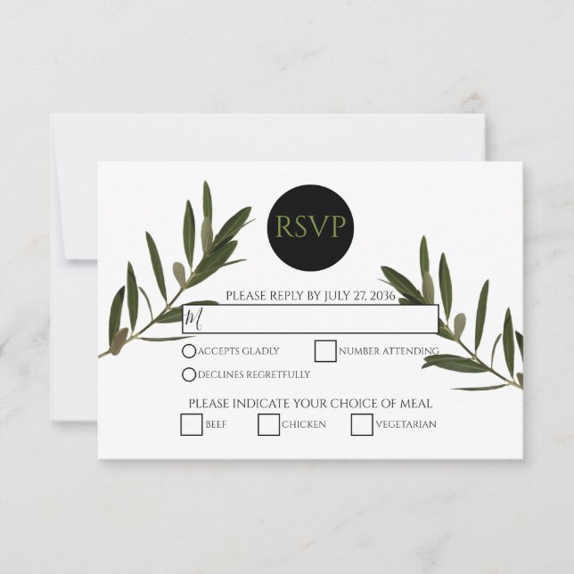 Tarjetas RSVP de bodas de oliva de vegetación (Anverso)