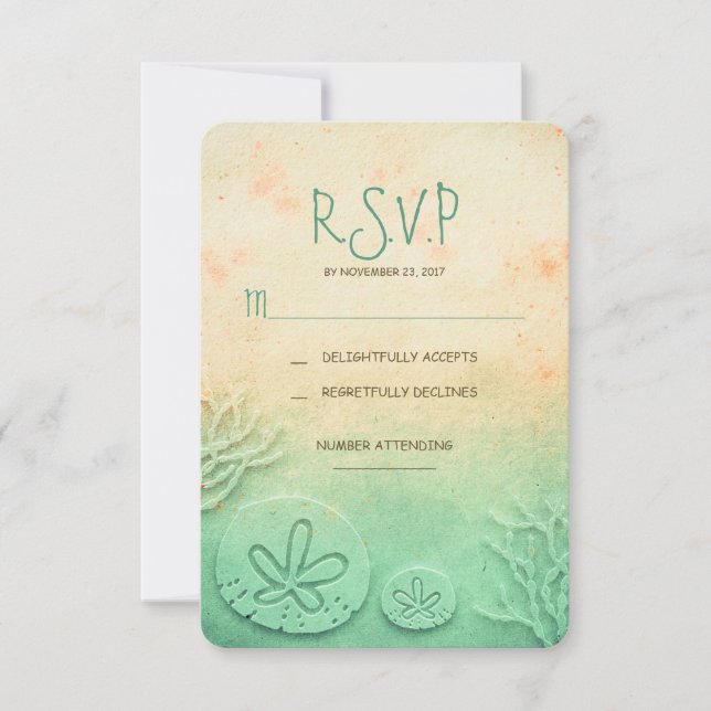 Tarjetas RSVP de bodas de playa de arena dorada (Anverso)