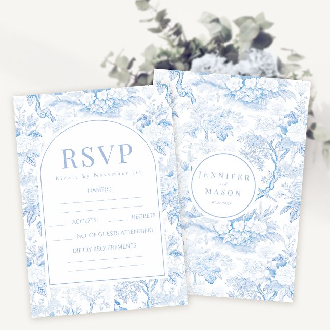 Tarjetas RSVP de bodas florales de porcelana azul (Subido por el creador)