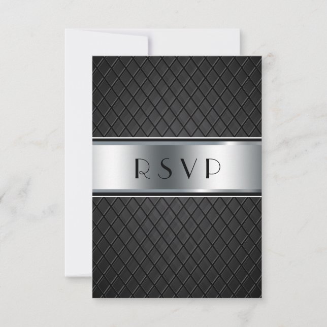 Tarjetas RSVP de bodas, negro elegante y plateado (Anverso)