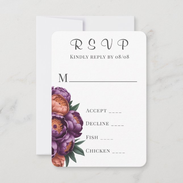 Tarjetas RSVP de bodas peónicas con plumas y Naran (Anverso)