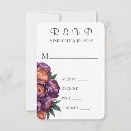 Tarjetas RSVP de bodas peónicas con plumas y Naran