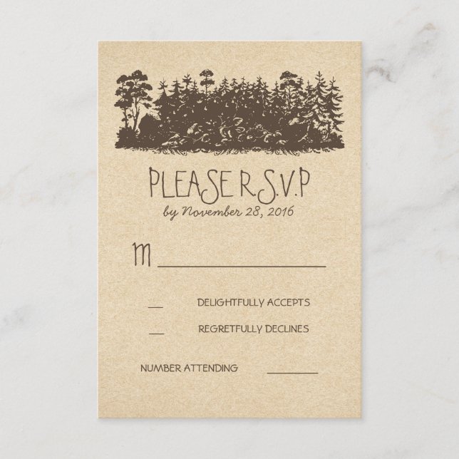 Tarjetas RSVP de bodas rústicas de bosque (Anverso)