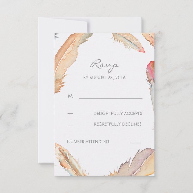 Tarjetas RSVP de Boho Feathers Watercolor Wedding (Anverso)
