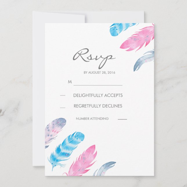Tarjetas RSVP de Boho Feathers Watercolor Wedding (Anverso)