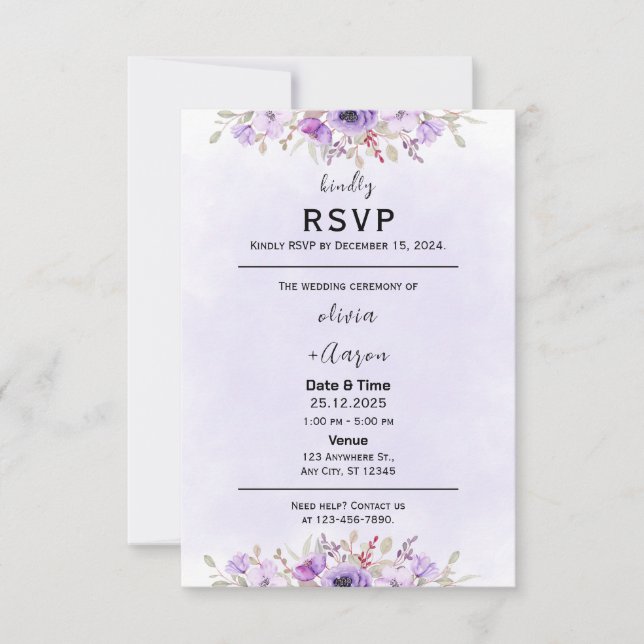 Tarjetas RSVP de Boho Purple Floral Wedding (Anverso)