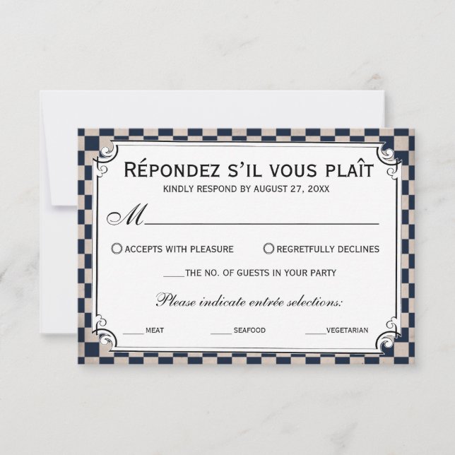 Tarjetas RSVP de casamiento con tablero de ajedrez (Anverso)