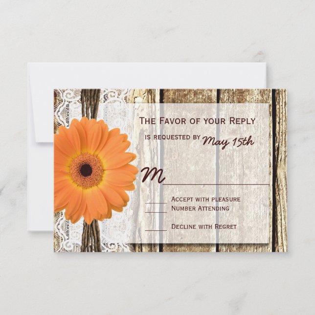 Tarjetas RSVP de Daisy Wedding, Naranja de Madera  (Anverso)
