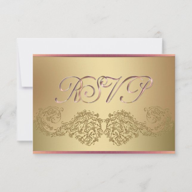 Tarjetas RSVP de damasco rosa y dorado (Anverso)