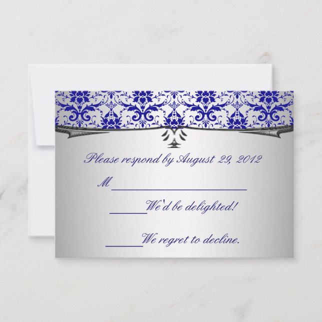 Tarjetas RSVP de Damask de plata azul Ornate (Anverso)