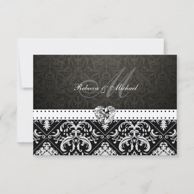 Tarjetas RSVP de Damask de plata metálica premium (Anverso)