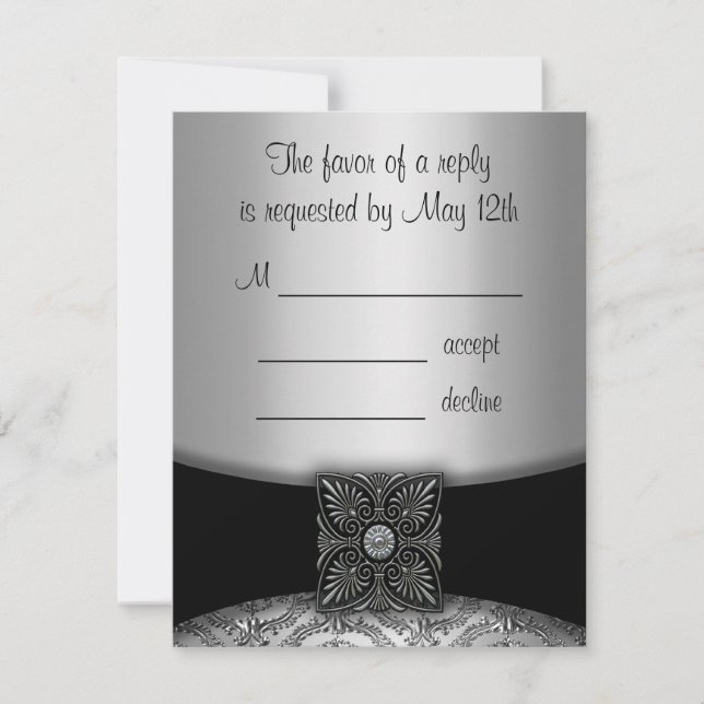 Tarjetas RSVP de Damask de plata y negro (Anverso)