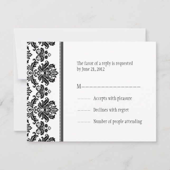 Tarjetas RSVP de Damask en blanco y negro (Anverso)