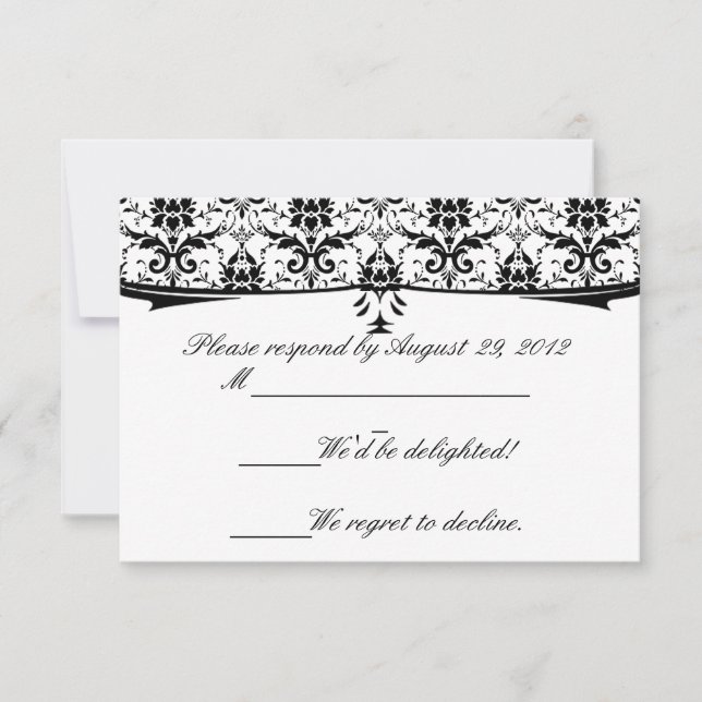 Tarjetas RSVP de Damask formales en blanco negro (Anverso)