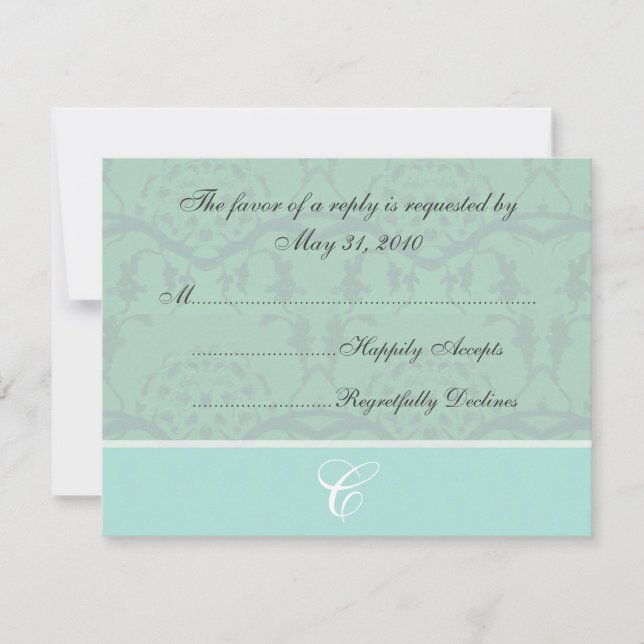 Tarjetas RSVP de Damask verde de espuma marina (Anverso)