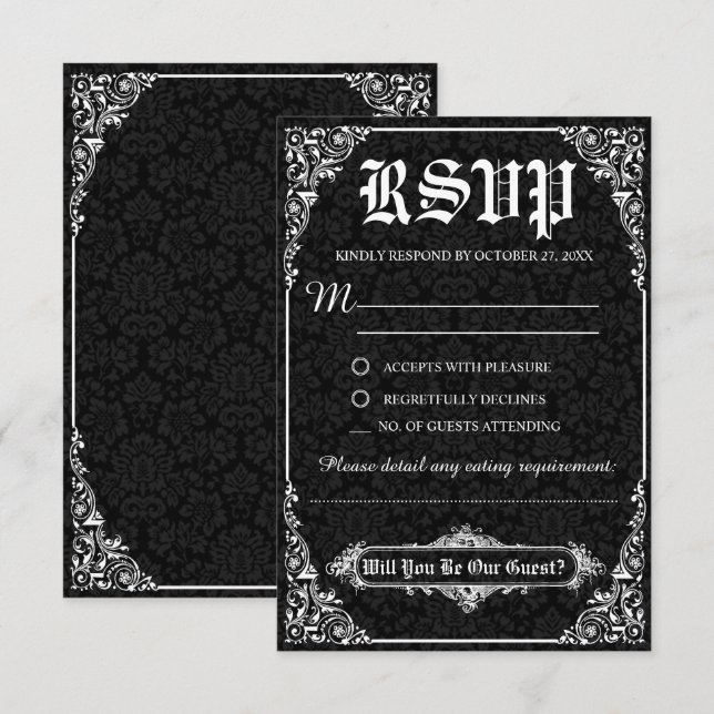 Tarjetas RSVP de Damask Wedding de Black Gothic Vi (Anverso / Reverso)