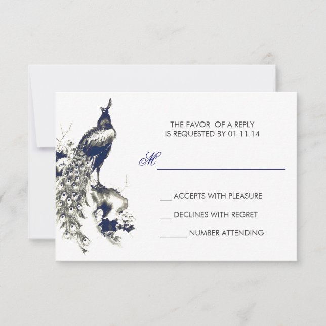 tarjetas RSVP de dibujo de pavo real negro y azul (Anverso)
