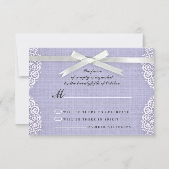 Tarjetas RSVP de encaje blanco, cinta y bodas burl (Anverso)