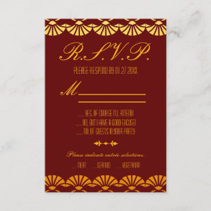 Tarjetas RSVP de estilo Art Decó de color rojo y o