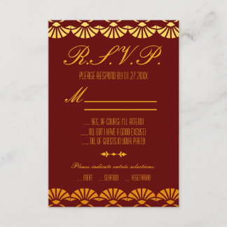 Tarjetas RSVP de estilo Art Decó de color rojo y o
