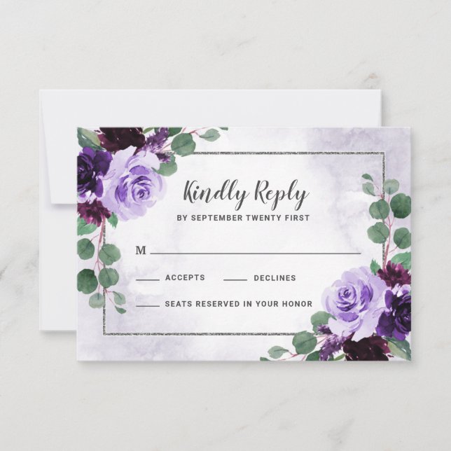 Tarjetas RSVP de Floral Airy Purple and Silver Wed (Anverso)