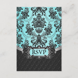 Tarjetas RSVP de la boda azul de Damask negra