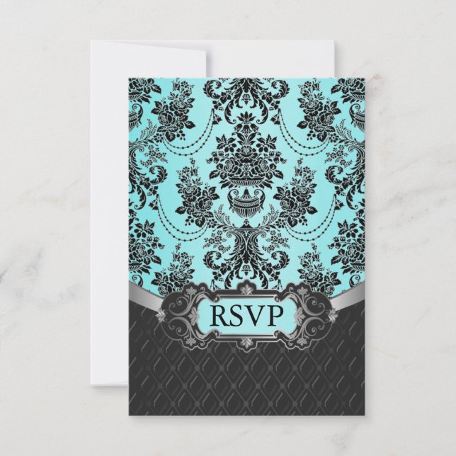 Tarjetas RSVP de la boda azul de Damask negra (Anverso)