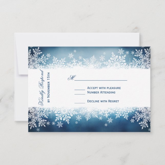 Tarjetas RSVP de la boda azul de invierno con copo (Anverso)