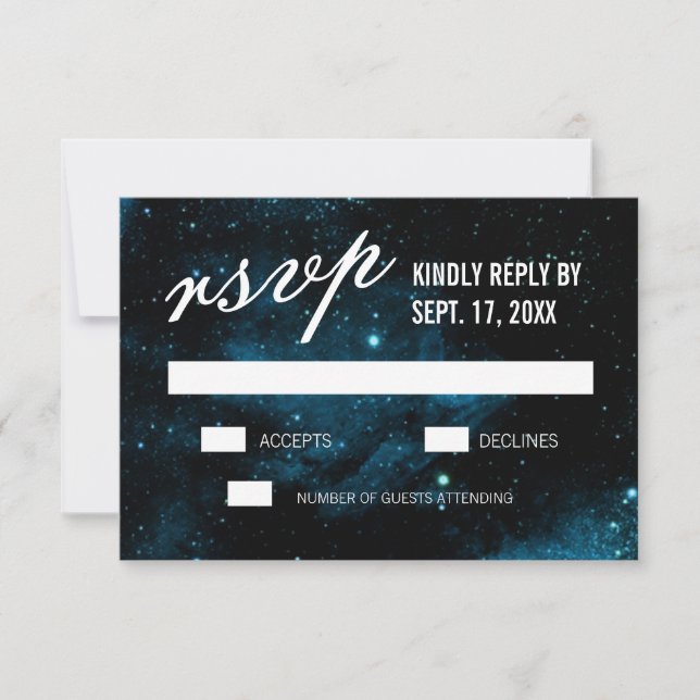 Tarjetas RSVP de la boda azul oscuro de galaxia (Anverso)