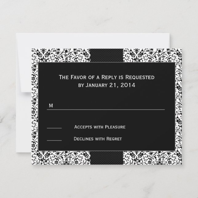 Tarjetas RSVP de la boda de Damask en negro (Anverso)