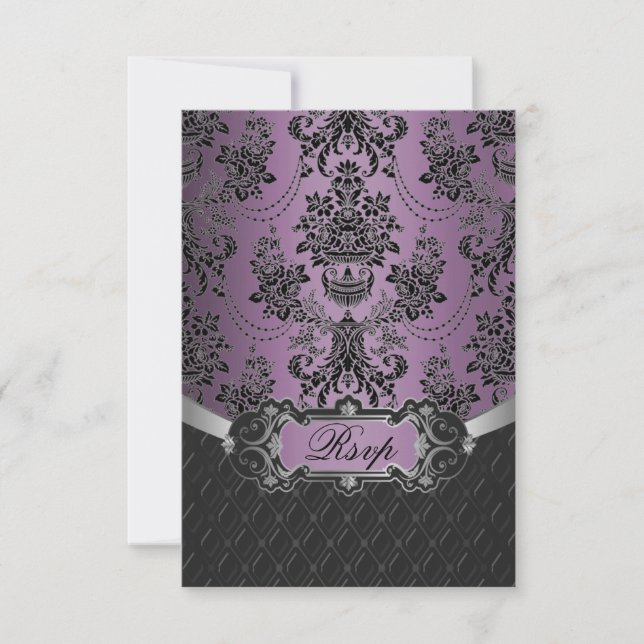Tarjetas RSVP de la boda de la maleta negra púrpur (Anverso)