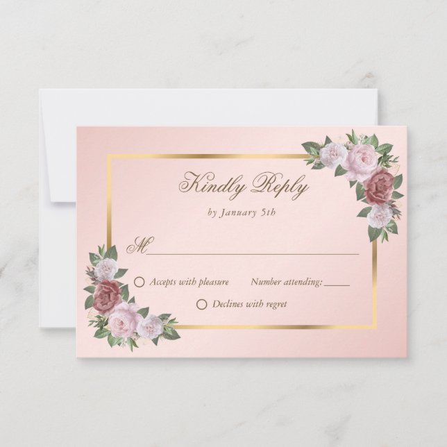 Tarjetas RSVP de la boda floral de oro rosado de R (Anverso)