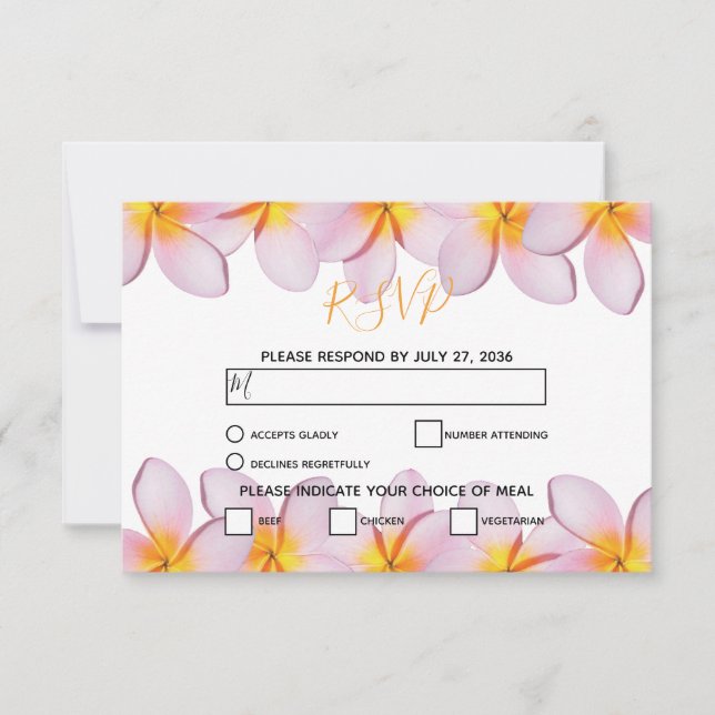 Tarjetas RSVP de la boda frangipani Plumeria rosa (Anverso)