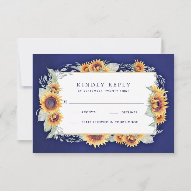 Tarjetas RSVP de la boda Rustica Azul del Girasol (Anverso)